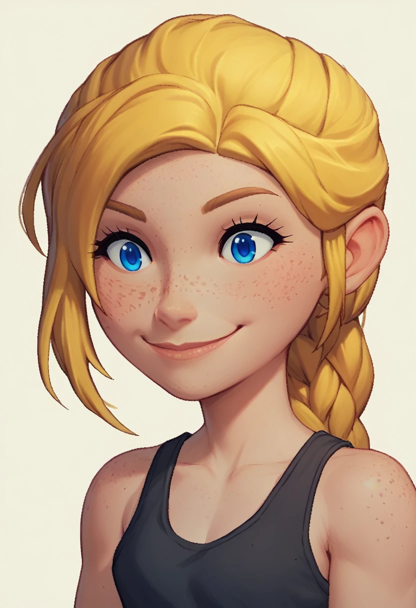 simple background, white background, upper body, freckles, blue eyes, blonde hair, braid, tank top, large hip, smile