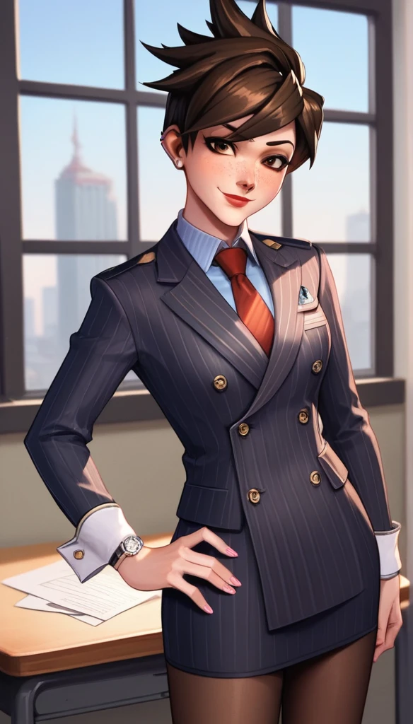 score_9, score_8_up, score_7_up, score_6_up, source_anime, double-breasted suits, tracer, 1girl, solo, brown hair, short hair, freckles, smile, pretty, formal, jewelry, navy pinstripe suit, red silk necktie, earrings, jacket, shirt, standing, hand on hip, window, black eyes, watch, navy pinstripe jacket, wristwatch, light blue shirt with white collar, red lips, navy pinstripe skirt, makeup, black pantyhose, cufflinks, black lapel trim, brown eyes, pink nails,High Resolution, Blush, white cuffs, hand on desk