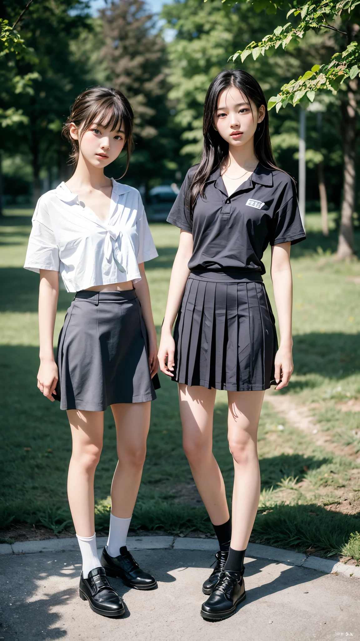 High detail, Textured skin, Very detailed, Ultra high definition, High-resolution model, Detailed face、bare navel、Twins, two girls, two high school girls、(((flat chest))), (flat chest:1.1)、 14years、a junior high school student、School Uniforms、Cute, young, (Full body:1.3)、Ultra-detail、​masterpiece、top-quality、超A high resolution、8K high image quality、Photogenic clarity、A detailed eye、Real live-action、Spring outdoor、Model Standing、Beautiful posture、High detail, Textured skin, Very detailed, Ultra high definition, High-resolution model, 