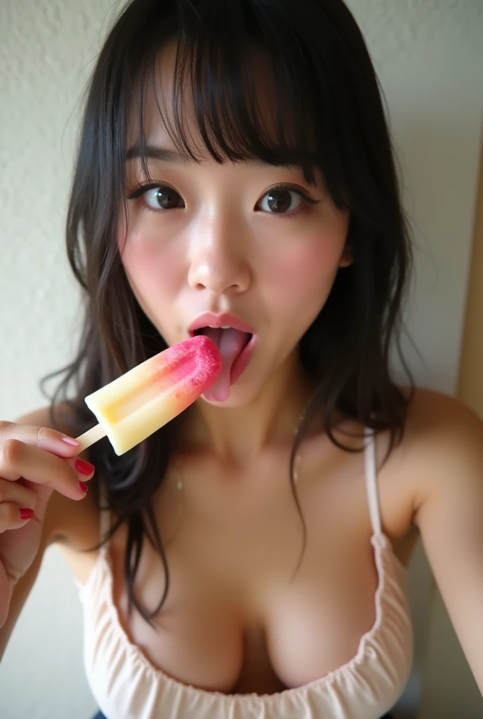 Masterpiece,High resolution,Inside the bedroom,Wearing underwear,Japanese women,Licking a popsicle,Eyes closed,Whole body,Anatomically correct body,Beautiful breasts