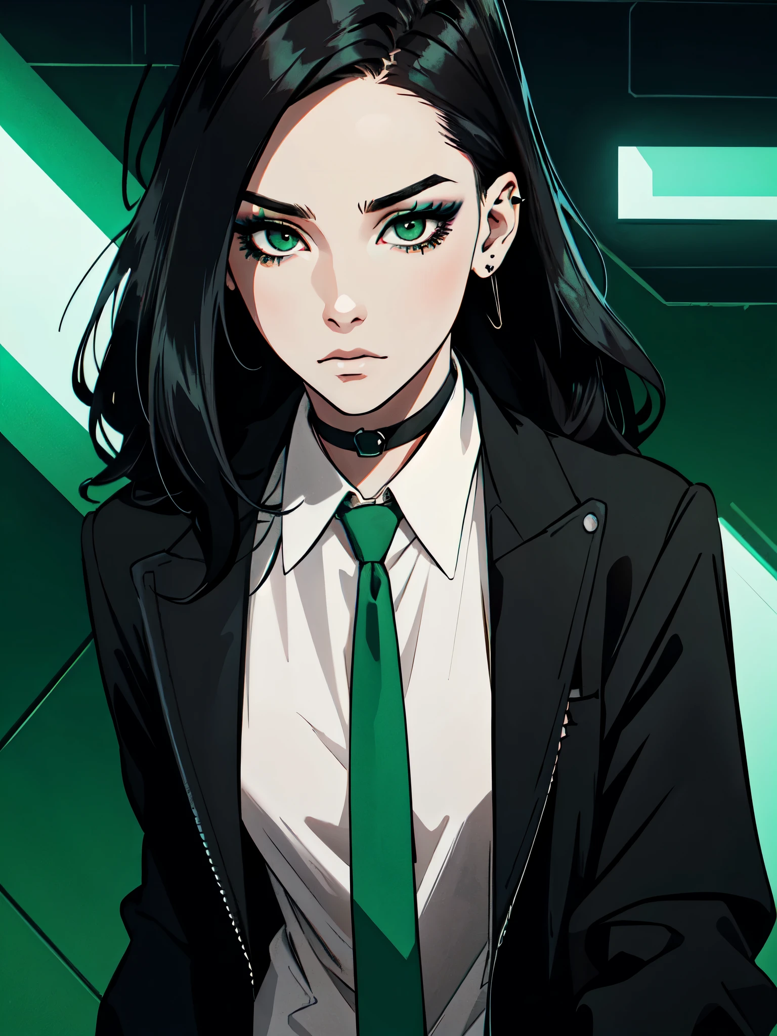 1girl, detailed face, detailed Beauty, ((hair over eye)), emo_hairstyle, (piercings), (black necktie), ((long hair)), ((straight hair)), (((black hair))), side swept bangs, white skin, pale, white, (green eye), tired expression, choker, ((dark makeup, mascara, eyeshadow)), multiple piercings, best quality, 8k, cyberpunk city, neon streets, white shirt, erotic, slytherin, dark gothic, detective, black overcoat, (small breasts, strap gap), Solo, 1girl, Super Detailed,