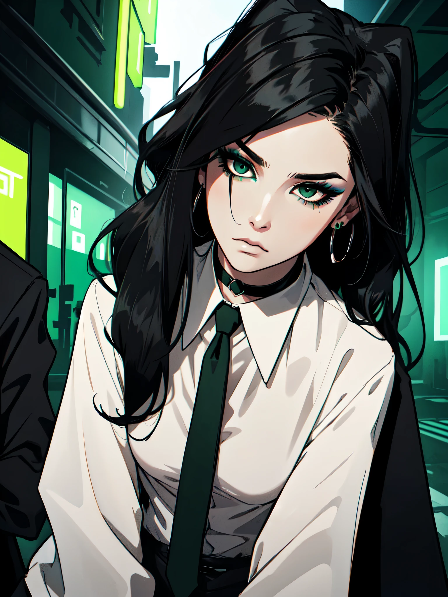 1girl, detailed face, detailed Beauty, ((hair over eye)), emo_hairstyle, (piercings), (black necktie), ((long hair)), ((straight hair)), (((black hair))), side swept bangs, white skin, pale, white, (green eye), tired expression, choker, ((dark makeup, mascara, eyeshadow)), multiple piercings, best quality, 8k, cyberpunk city, neon streets, white shirt, erotic, slytherin, dark gothic, detective, black overcoat, (small breasts, strap gap), Solo, 1girl, Super Detailed,