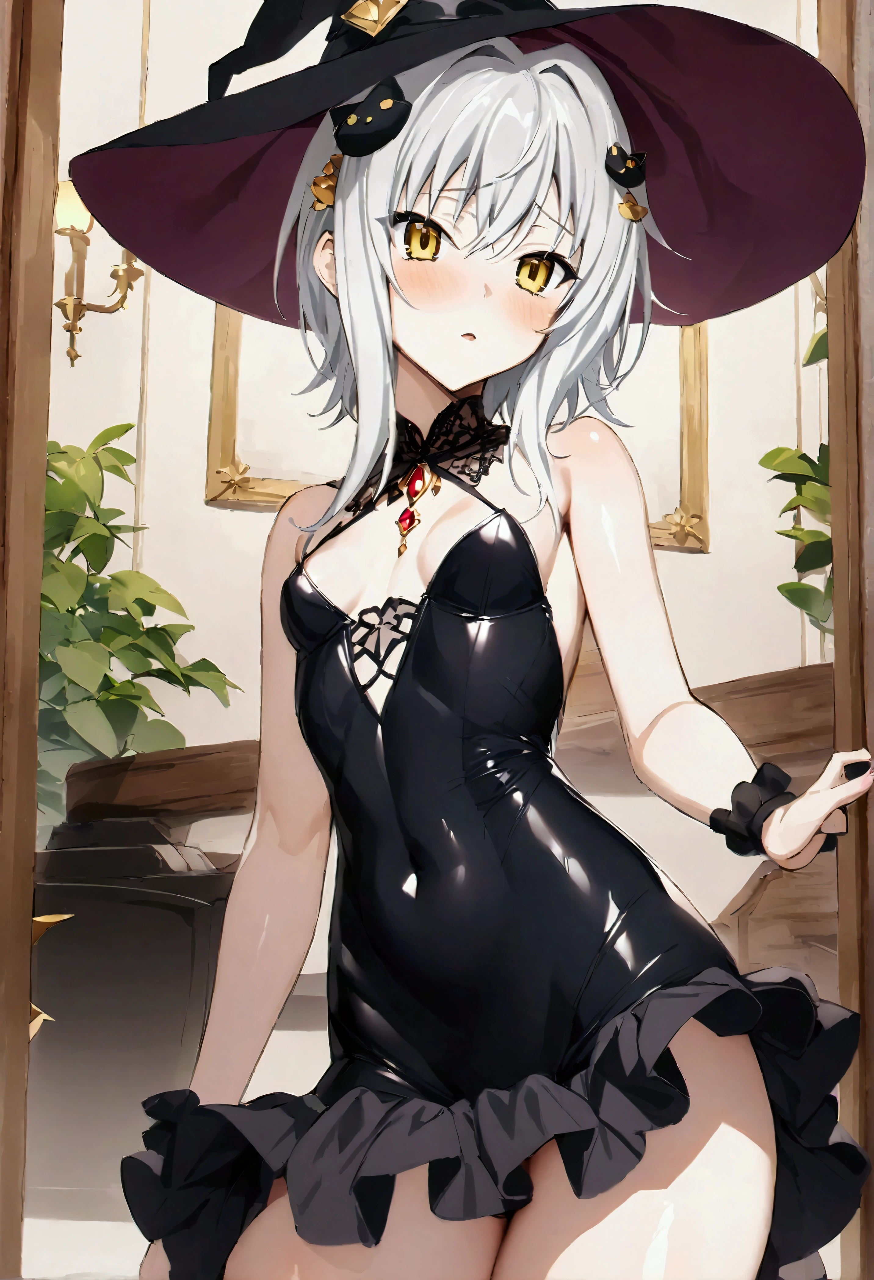 NSFW,masterpiece,Highest quality,High resolution,Very detailed,Tacheng kitten\(High School DXD\),Gray Hair,Short Hair,Yellow Eyes,hair ornaments,猫のhair ornaments,Small breasts,High quality sexy dress,Witch Hat,Luxurious mansion