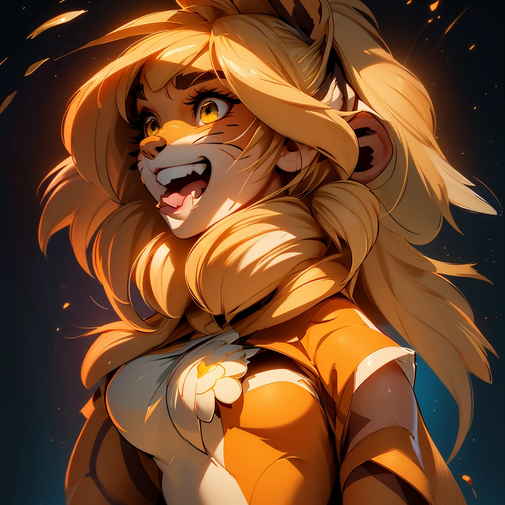 envision a 8k, highres, cinematic, beautiful extreme close up face Pinup of a cute furry female anthro, with a slender muscular body, (((short blonde hair))), long bangs, yellow eyes, Orange and White Fur, Tiger Stripes, Tank Top, ((((1 Girl)))), ((Flora Twokinds)), in dark lighting, against a dark gray background