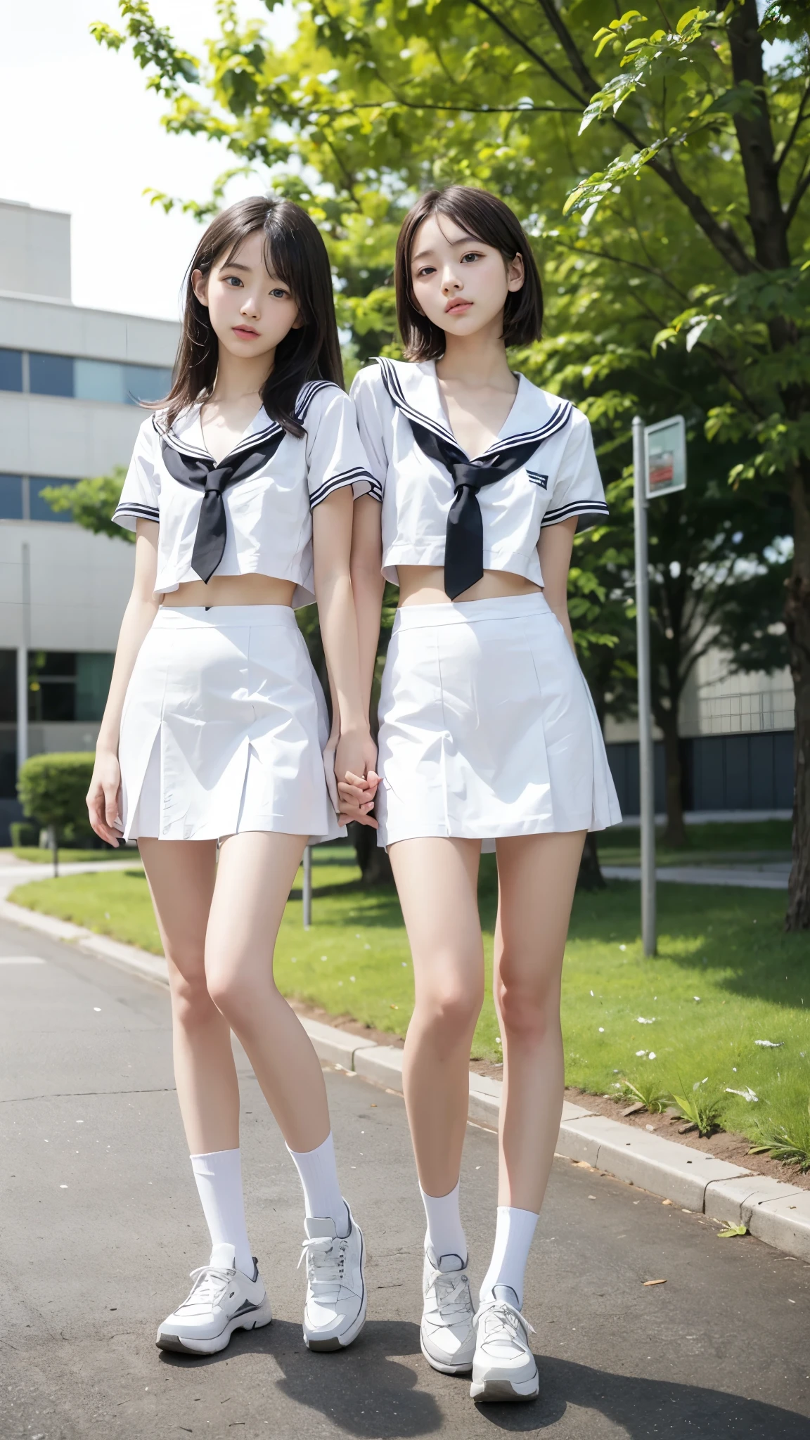 High detail, Textured skin, Very detailed, Ultra high definition, High-resolution model, Detailed face、bare navel、Twins, two girls, two high school girls、(((flat chest))), (flat chest:1.1)、 14years、a junior high school student、School Uniforms、Cute, young, (Full body:1.3)、Ultra-detail、​masterpiece、top-quality、超A high resolution、8K high image quality、Photogenic clarity、A detailed eye、Real live-action、Spring outdoor、Model Standing、Beautiful posture、High detail, Textured skin, Very detailed, Ultra high definition, High-resolution model, 