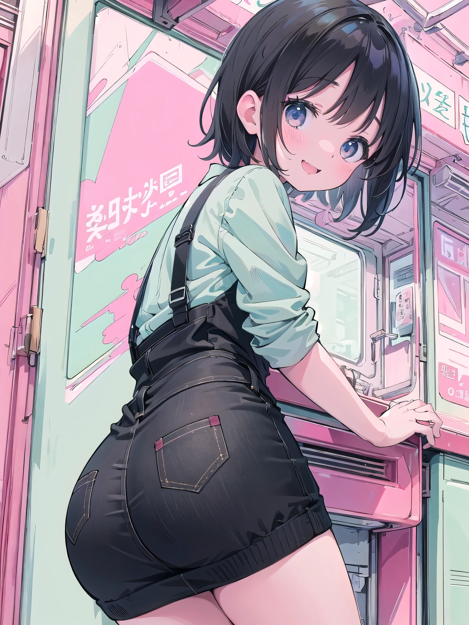 、cute、Lift your ass、smile、Beautiful background, One girl、Pastel colors create a bright and pop atmosphere.、Embarrassed laugh、Black Hair