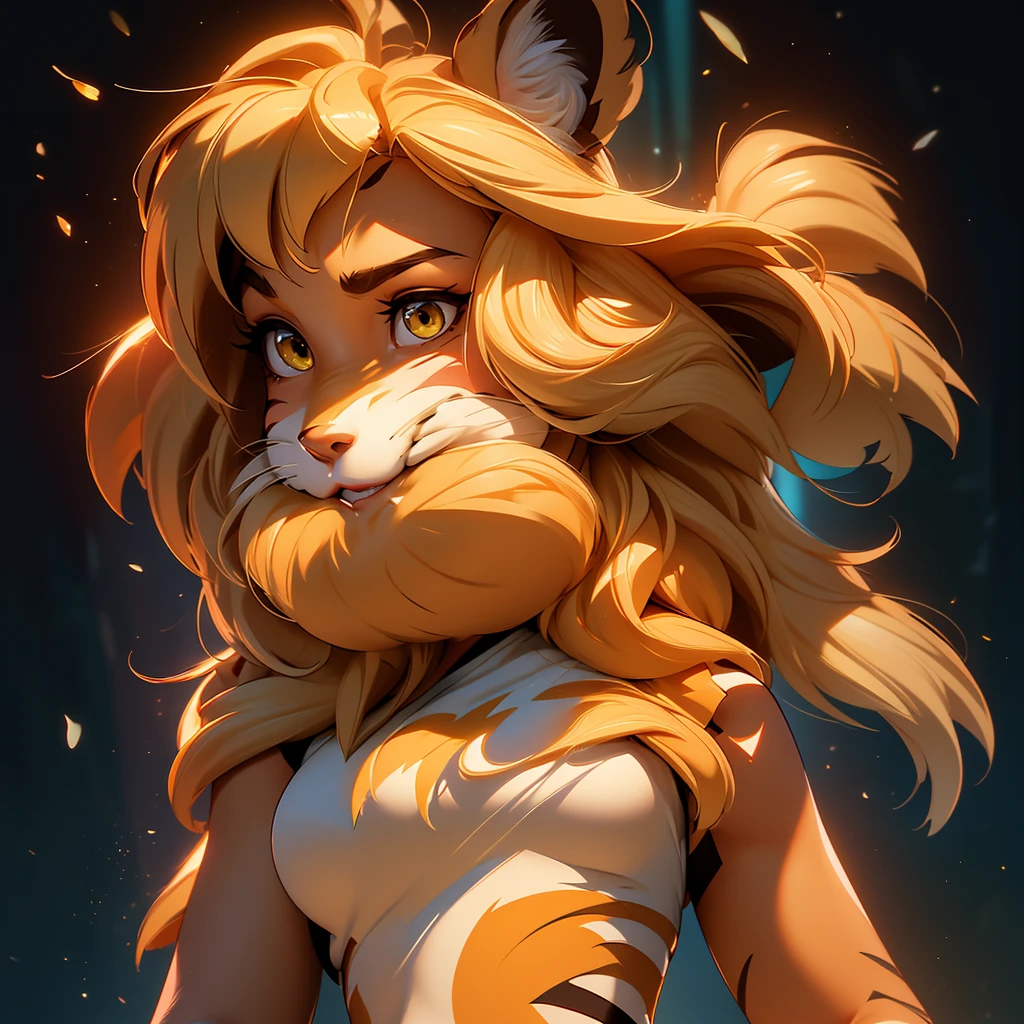 envision a 8k, highres, cinematic, beautiful extreme close up face Pinup of a cute furry female anthro, with a slender muscular body, (((short blonde hair))), long bangs, yellow eyes, Orange and White Fur, Tiger Stripes, Tank Top ((((1 Girl)))), ((Flora Twokinds)), in dark lighting, against a dark gray background