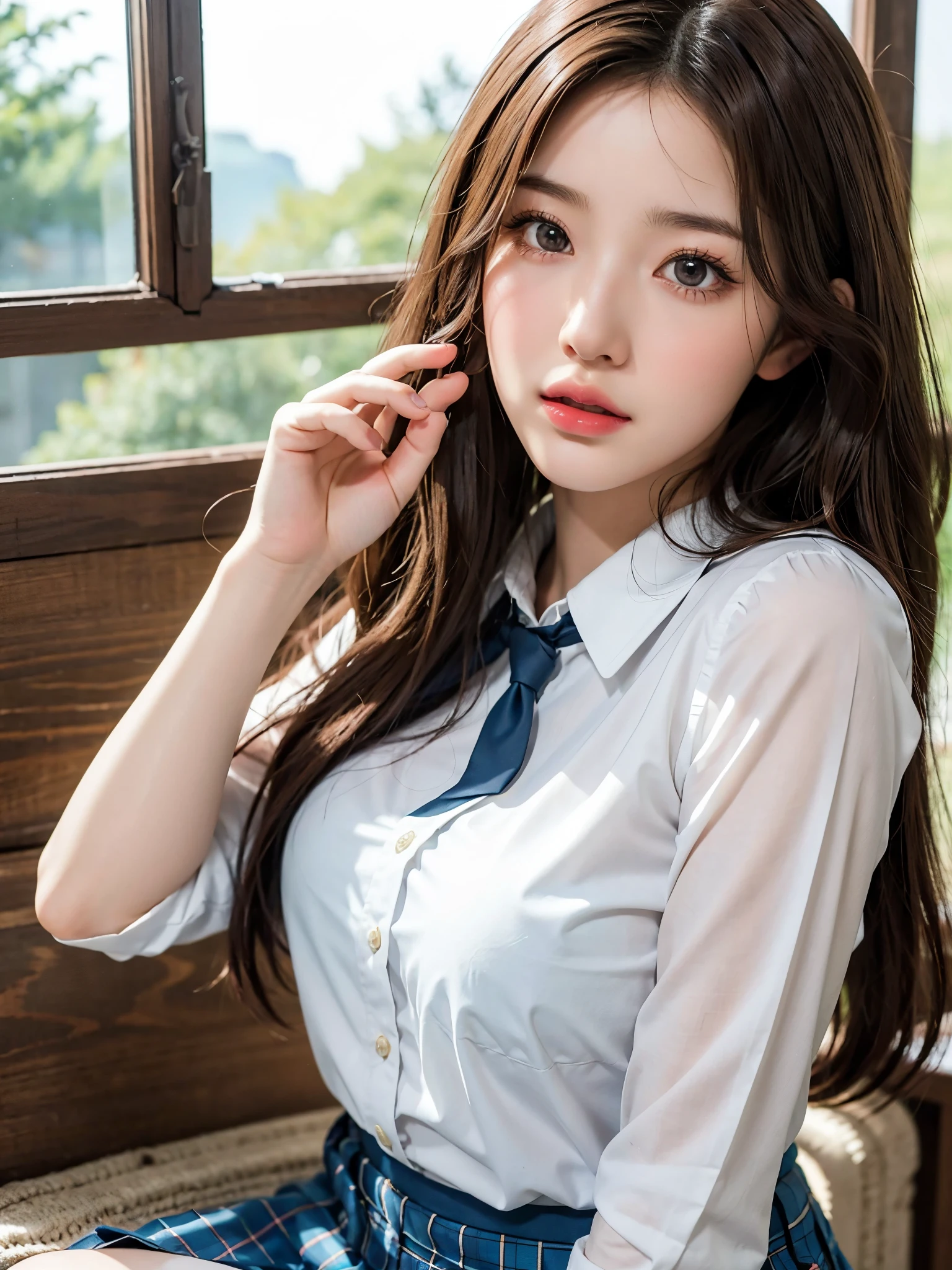 ((Best quality, 8k, Masterpiece :1.3)), Sharp focus :1.2, A pretty girl 24 years old with perfect figure :1.4, Slender abs :1.3, Raw photography、超A high resolution, full body, fair white skin、shiny white skin、(wavy blonde hair)、dark brown hair、super fine eyes, super fine hands, super fine fingers、Beautiful eyes with random colors、very thin lips, finely detail、elongated eyes、pale pink blush、long eyeslashes、Beautiful double eyelid、Lighting that emphasizes beautiful skin、Lustrous skin 2, ((Layered long hair, Big breasts :1.2)), show breasts , (detailed pantyhose ), (detailed White Tight shirt), (detailed tight skirt, ((transparent)),  ((detailed breasts)), ((detailed simple shirt  )), ((detailed face)), office central city, Highly detailed face and skin texture, Detailed eyes, Double eyelid, make full body, long legs,