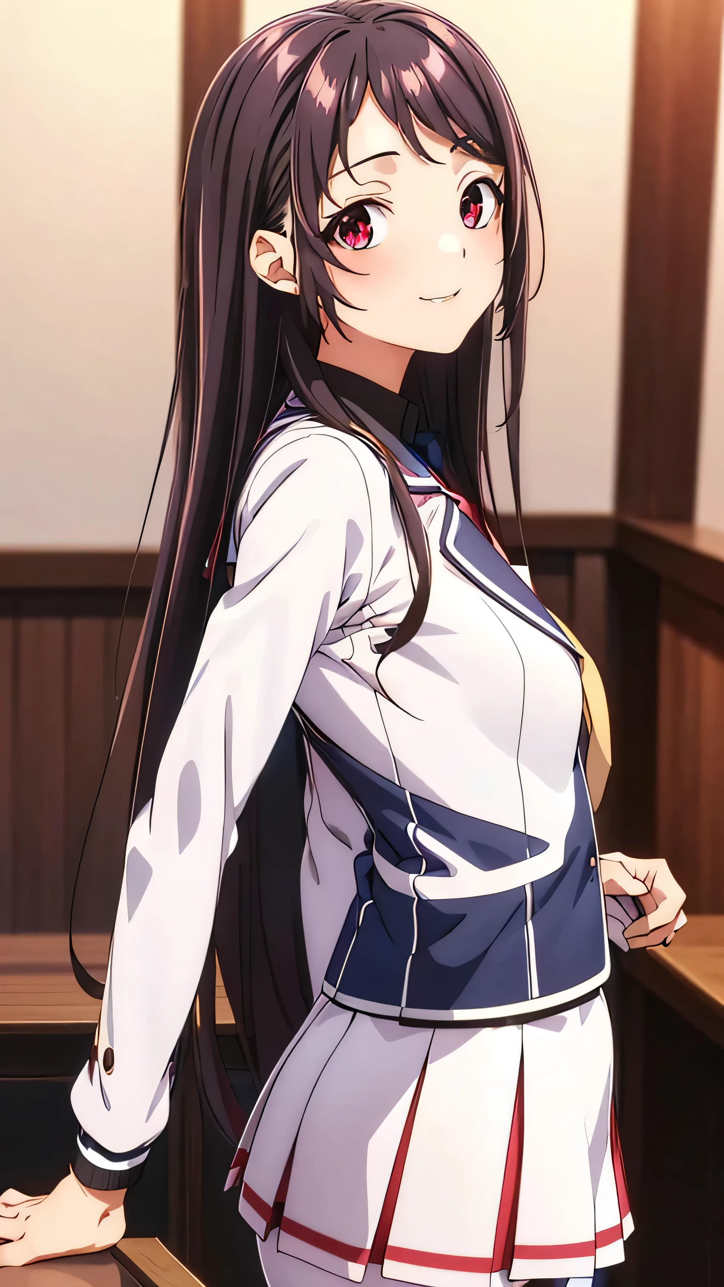 Show your armpits,Kaori Hojo, girl, (masterpiece: 1.1), (highest quality: 1.1), red eyes, long hair, cute smile, blush, ((school uniform), jacket, sleeve, tie, white skirt),  pantyhose, loafers, school room, ((looking back at viewer:1.1)), (from behind, cinematic angle:1.3, upper body), gravure,