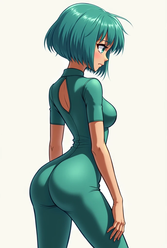 (source_anime, score_9:1), 1girl, solo, green hair, short hair, bangs, brown eyes, ass, nude, medium breasts, nipples, one eye closed, smile, simple background
