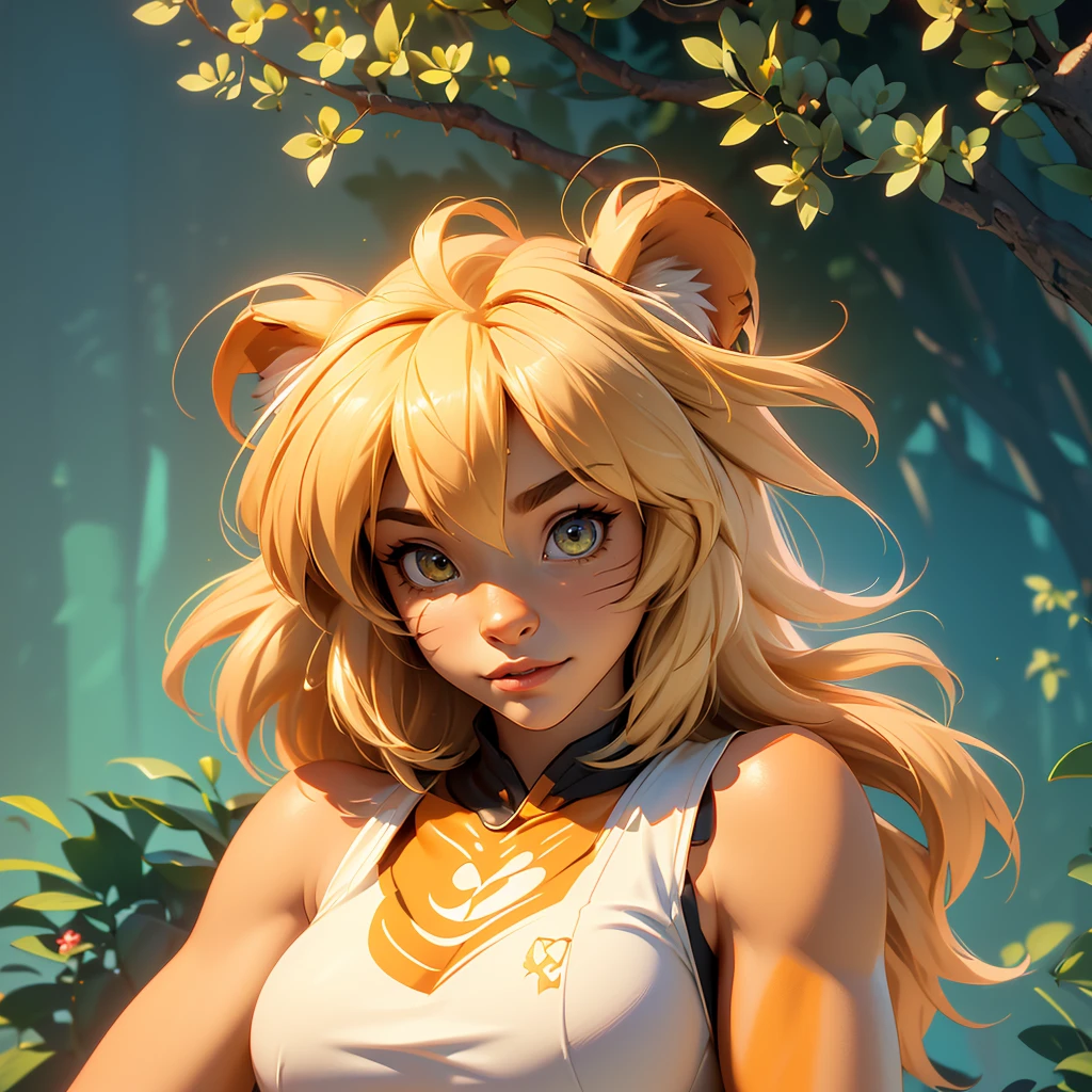 envision a 8k, highres, cinematic, beautiful extreme close up face Pinup of a cute furry female anthro, with a slender muscular body, (((short blonde hair))), long bangs, yellow eyes, Orange and White Fur, Tiger Stripes, Tank Top, ((((! Girl)))), ((Flora Twokinds)), in dark lighting, against a dark gray background