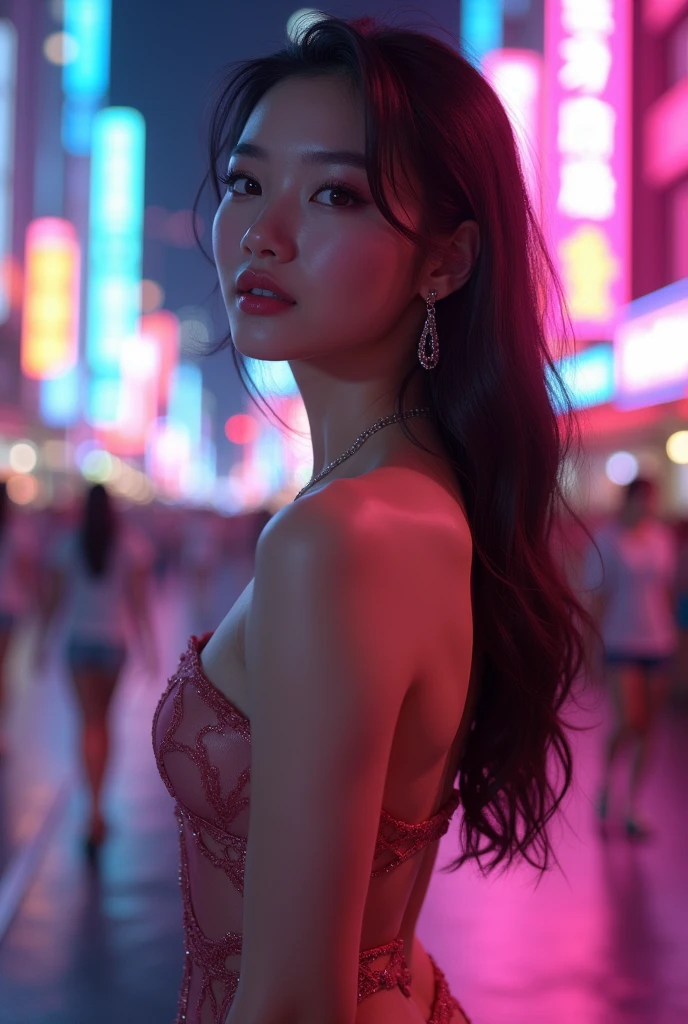 asian girl wearing an elegant dress casual at night, in the style of iconic album covers, neon-infused digitalism, animated gifs, light purple and light amber, i can't believe how beautiful this is, soft-focus portraits, chicano-inspired --ar 1:2 --stylize 750 --v 6