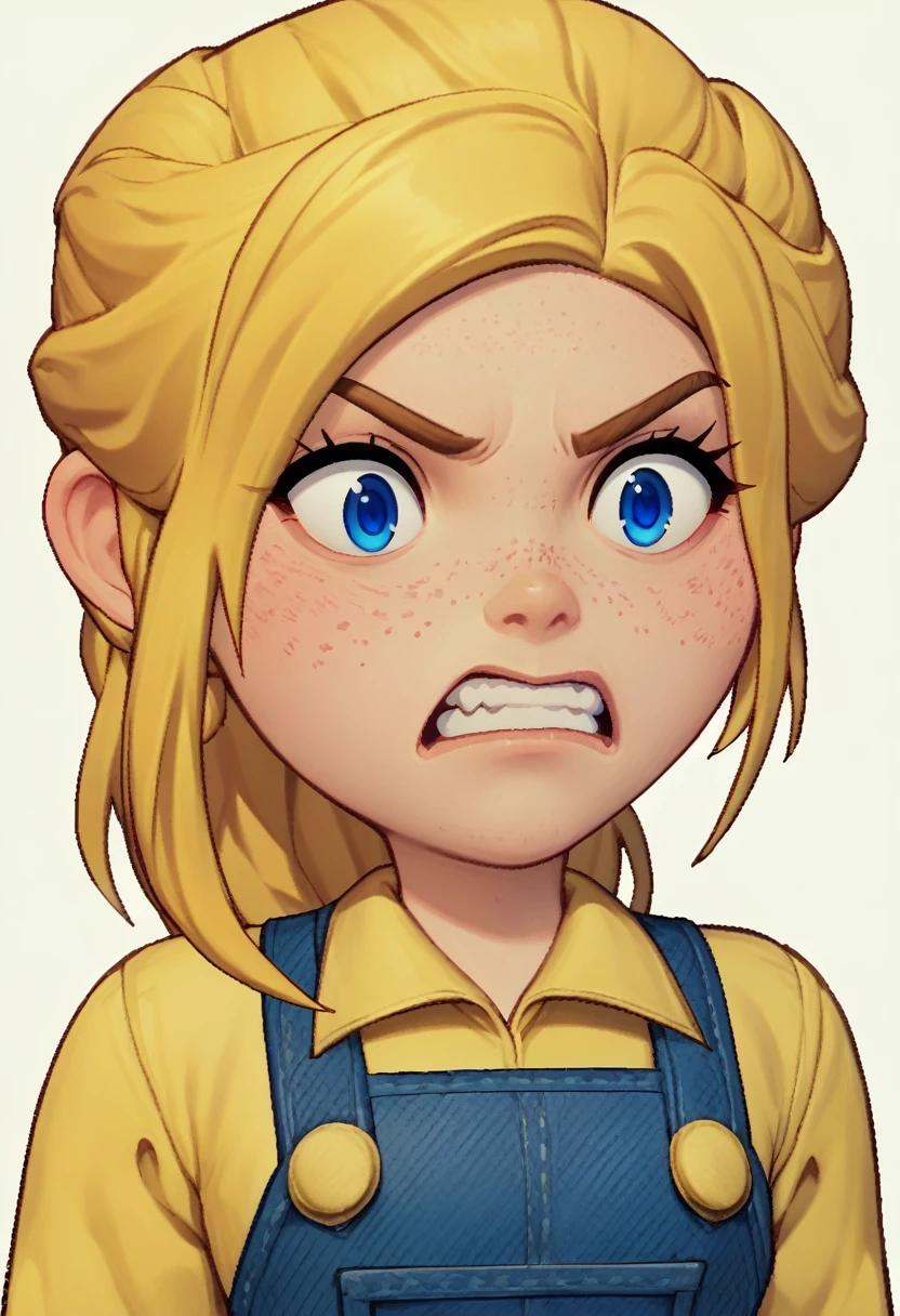 simple background, white background, upper body, freckles, blue eyes, blonde hair, braid, yellow shirt, whites gloves, long sleeves, pants, blue overalls, large hip, very angry, teeth