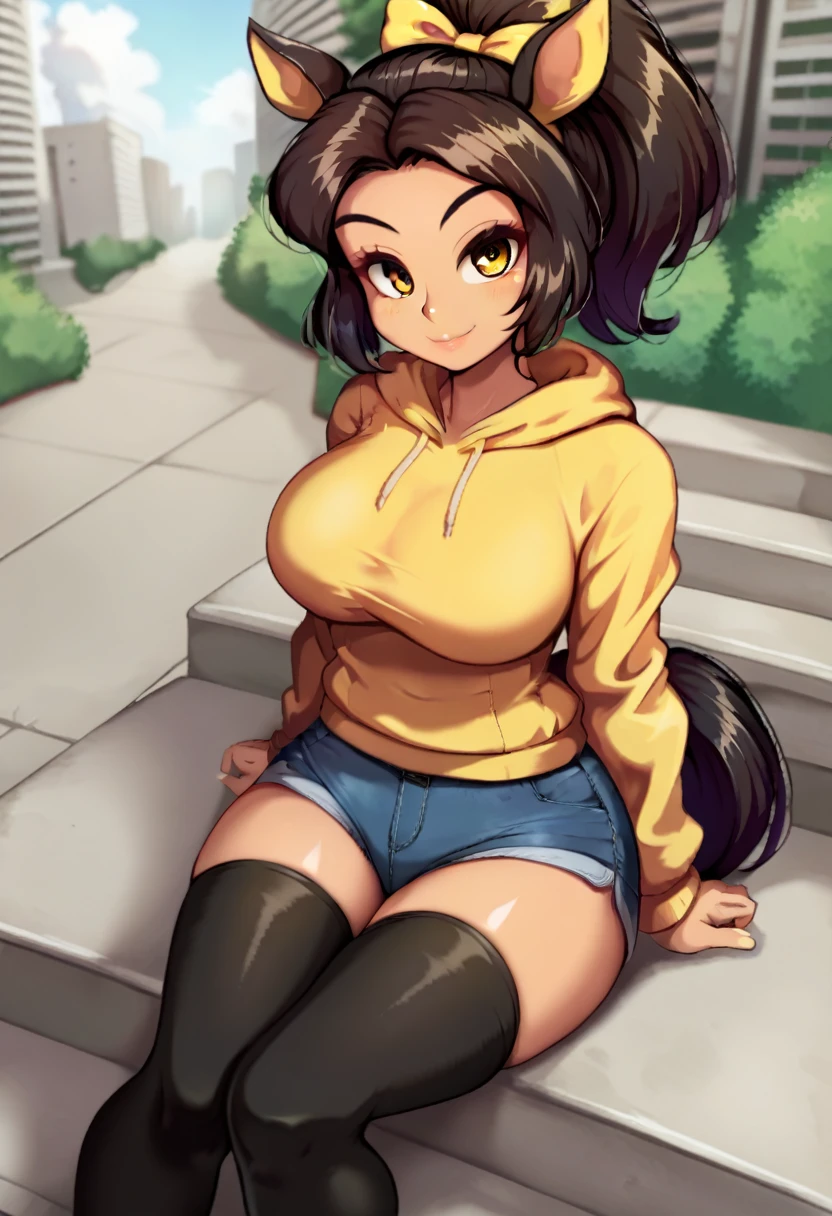 score_9, score_8_up, score_7_up, source_anime, solo, 1girl, airgroove, horse tail, smile, looking at you, sitting, stairs, animal ears, ear bow, yellow bow, yellow hoodie, blue shorts, denim shorts, black thighhighs, large breasts, outdoors, city 