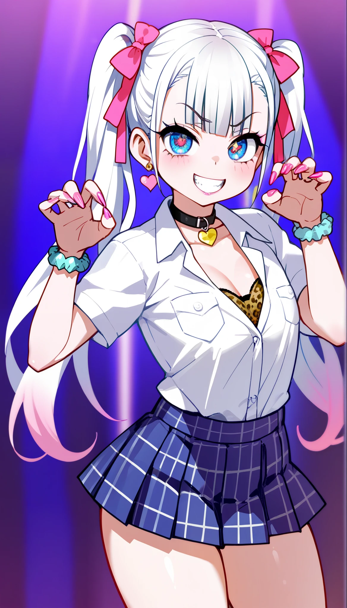 1girl, Anime Girls, (((gyaru))), bimbo, cowboy shot, (animal pose), five fingers, perfect hands,
asanagi style, mesugaki, pale skin, Wicked Smile, evil grin,
twin tails, white Hair, Hair ribbon, bimbo, ((dim body)), flat_chest, 
(skimpy clothing), blue short skirt, highleg panties, see-trough white shirt, leopard print bra, gyaru clothes,
looking at viewer, lewd, cute, big eyes, ero, ecchi,
Score_9,Score_8,score_7_up,source_anime, rating_questionable, 
