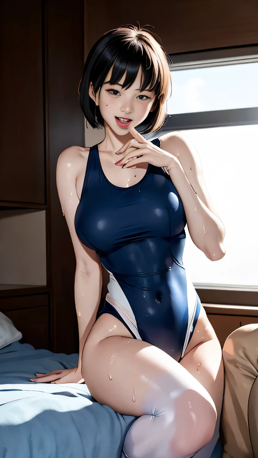  1 female,Bedroom、 Mature Woman, Navy blue one piece swimsuit in small size(School Swimsuit)、Knee socks:1.3、Sex worker woman、bangs, Naughty smile, (Masterpiece Top quality:1.2) Delicate illustrations, super detailed, Large Breasts、Nipple erection、((Sweat,vapor,Vulgarity))、Full body portrait、Touching your crotch and breasts:1.2、provoke、Open your mouth and stick out your tongue