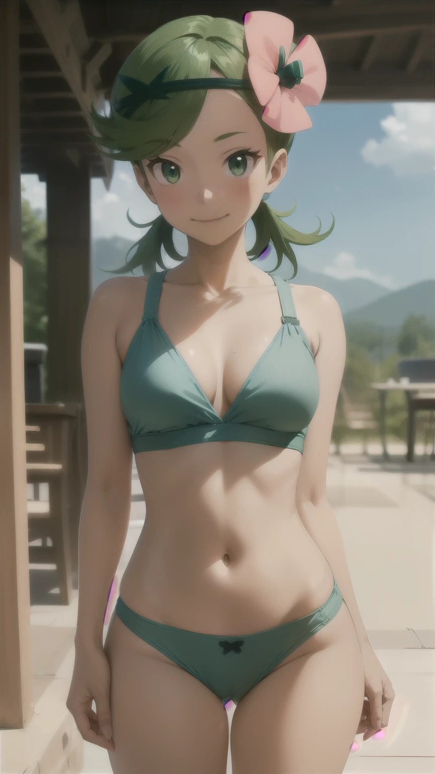 Anime style, 1 girl mallow  ,solo , green hair twintails ,  smug face smile, provocation , blush,  small breasts,  transparent shirt niplles , calcinha-fio-dental  ,high thong pantie . Standing front,  
