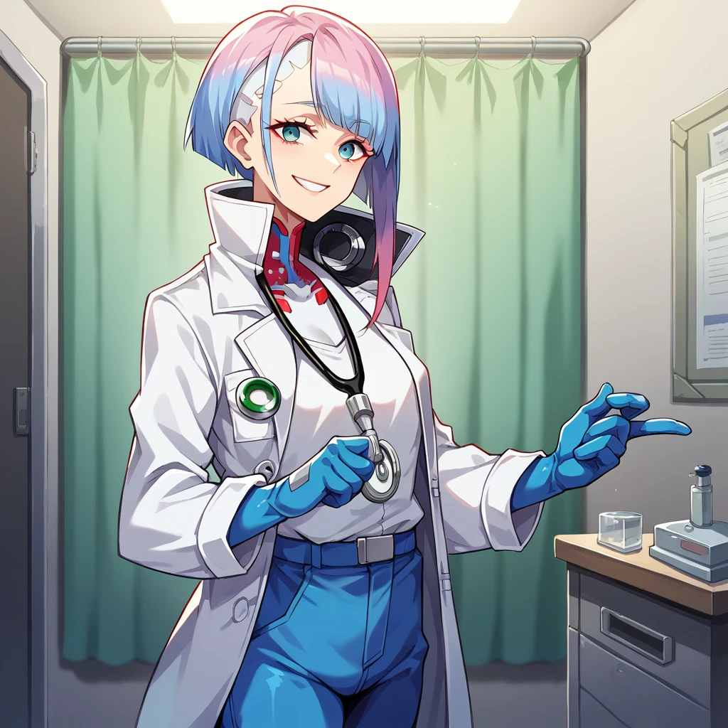 Lucy de Cyberpunk, looking at the viewer, with a lab coat on, white shirt and pants, turtle neck, inside a hospital, small breasts, consulting room medico, smiling, White high collar shirt, stethoscope around the neck, blue latex gloves, consulting room 