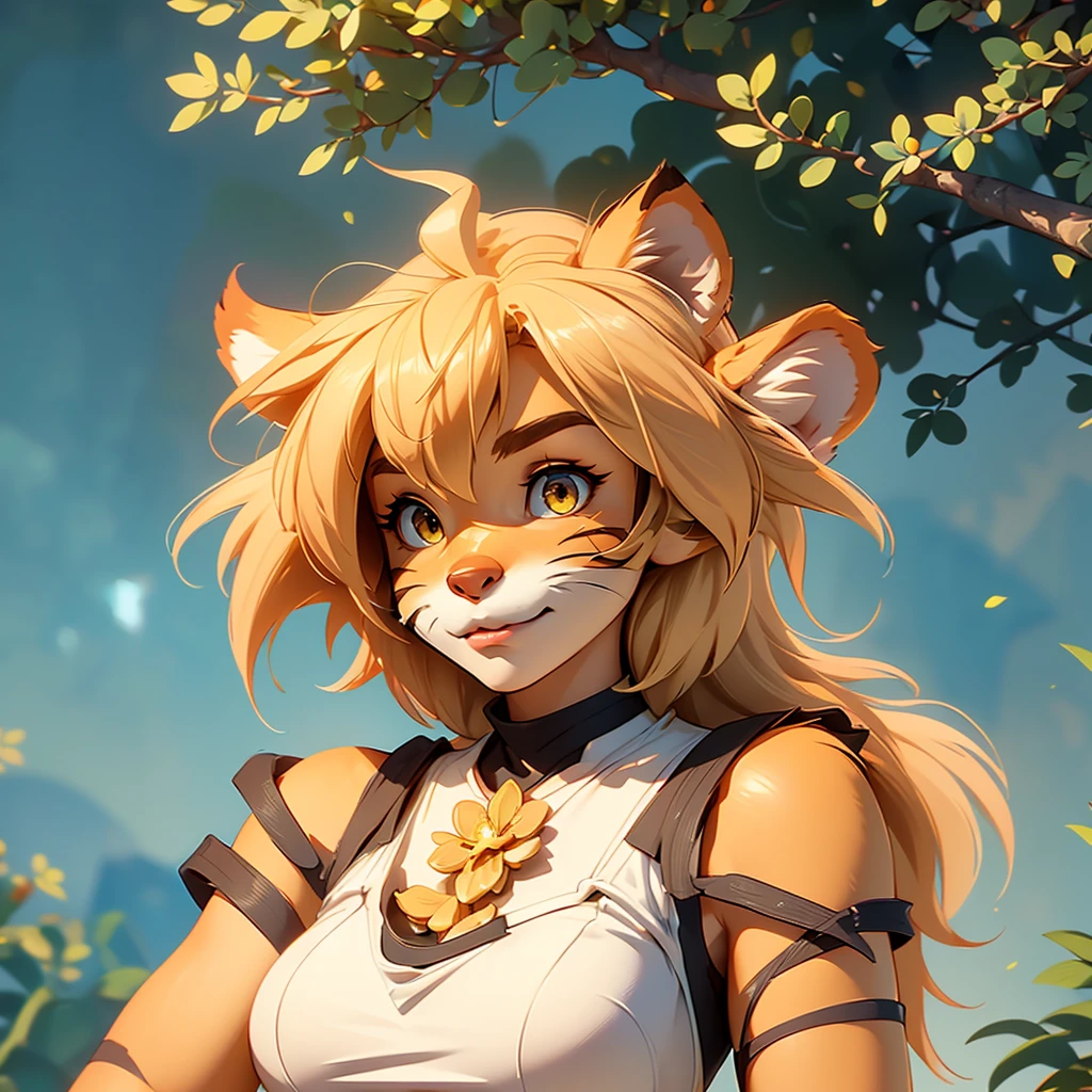 envision a 8k, highres, cinematic, beautiful semi realistic extreme close up face Pinup of a cute furry female anthro, with a slender muscular body, (((short blonde hair))), long bangs, yellow eyes, Orange and White Fur, Tiger Stripes, Tank Top, ((((! Girl)))), ((Flora Twokinds)), in dark lighting, against a dark gray background