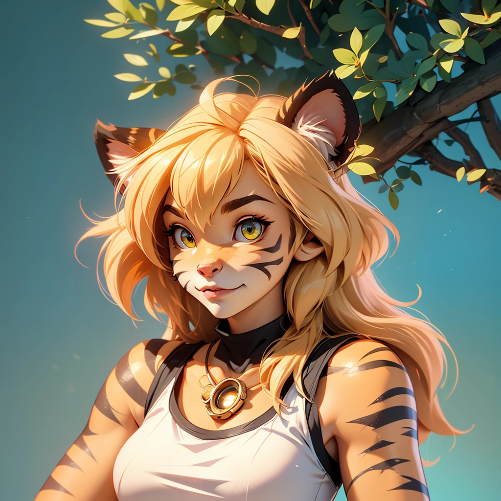 envision a 8k, highres, cinematic, beautiful semi realistic extreme close up face Pinup of a cute furry female anthro, with a slender muscular body, fury skin, (((short blonde hair))), long bangs, yellow cat eyes, ((Pink Tiger Nose)), Orange and White Fur, Tiger Stripes, Tank Top, ((((! Girl)))), ((Flora Twokinds)), in dark lighting, against a dark gray background