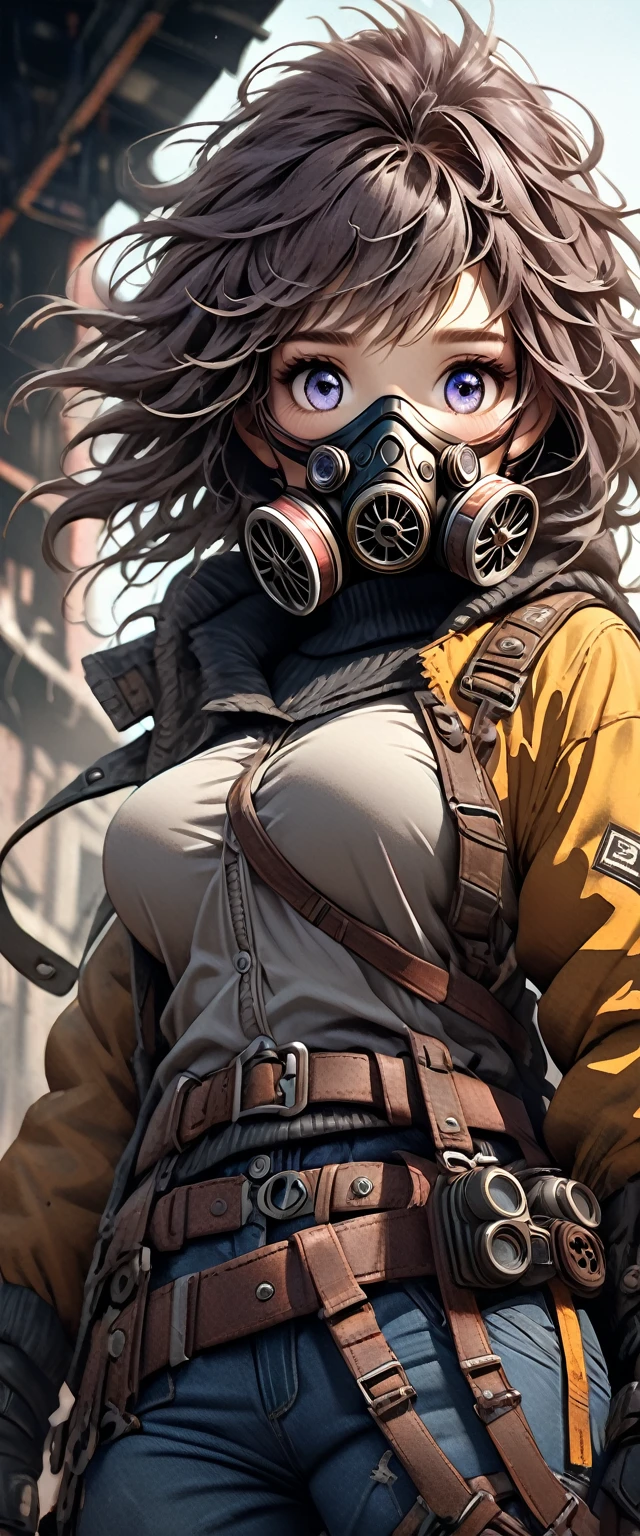 a 3 woman in a post-apocalyptic setting, wearing a gas mask, with large breasts, wearing a belt, leather, messy hair, beautiful eyes, solo, hyper-realistic, 8k, cinematic lighting, dramatic atmosphere, highly detailed, photorealistic, intricate details, moody color palette, gritty, dystopian