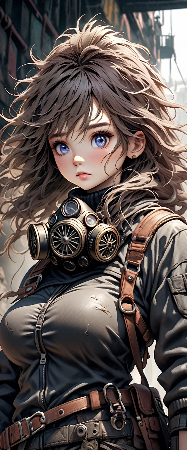 a 3 woman in a post-apocalyptic setting, wearing a gas mask, with large breasts, wearing a belt, leather, messy hair, beautiful eyes, solo, hyper-realistic, 8k, cinematic lighting, dramatic atmosphere, highly detailed, photorealistic, intricate details, moody color palette, gritty, dystopian