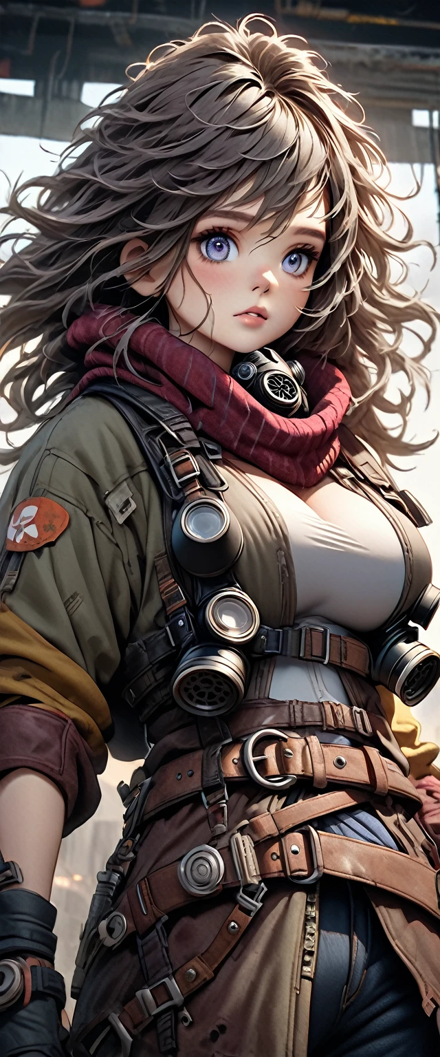 a 3 woman in a post-apocalyptic setting, wearing a gas mask, with large breasts, wearing a belt, leather, messy hair, beautiful eyes, solo, hyper-realistic, 8k, cinematic lighting, dramatic atmosphere, highly detailed, photorealistic, intricate details, moody color palette, gritty, dystopian