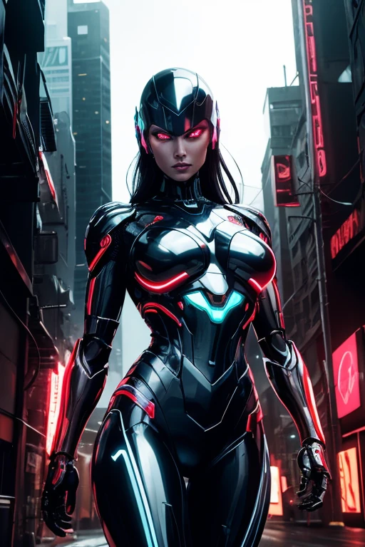 a woman robot from 2099, extremely detailed, cinematic lighting, dramatic pose, neon cyberpunk city background, hyper realistic, 8k, award winning digital art, intricate machinery, glowing eyes, chrome metal skin, dynamic composition, stunning colors, photorealistic, chiaroscuro lighting, elegant and powerful, futuristic, cinematic angle