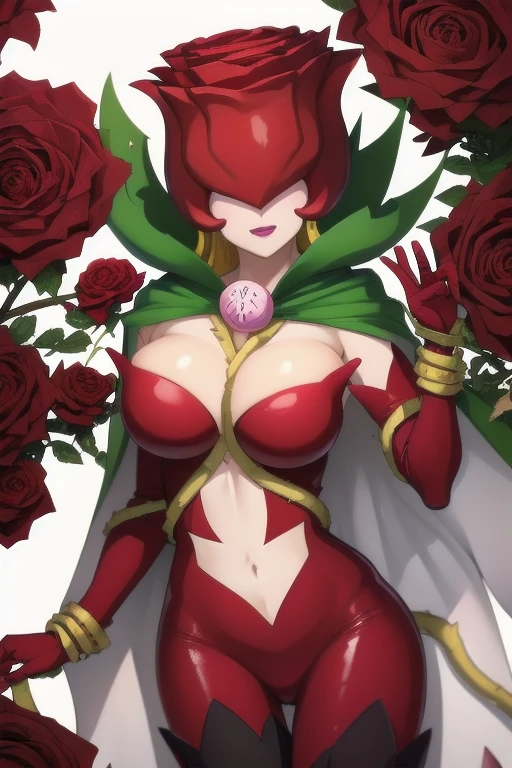 ANIME_rosemon_yugiho_ownwaifu, www.ownwaifu.com, digimon \(creature\), breasts, long hair, large breasts, lipstick, navel, makeup, covered eyes, monster girl, helmet, plant girl, colored skin, thighhighs, cleavage, petals, elbow gloves, navel cutout, red flower, red gloves, bodysuit, mask, thorns, cape, gloves, vines, rose, flower, plant, 1girl, solo, facing viewer, looking at viewer, upper body, smile