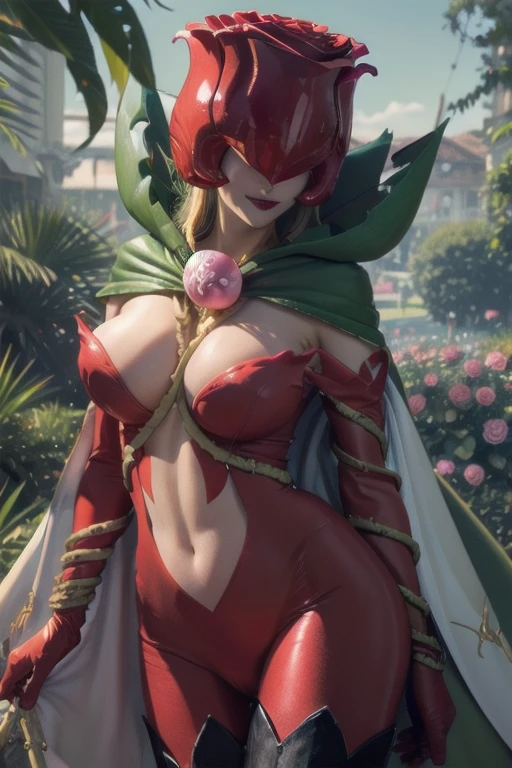 ANIME_rosemon_yugiho_ownwaifu, www.ownwaifu.com, digimon \(creature\), breasts, long hair, large breasts, lipstick, navel, makeup, covered eyes, monster girl, helmet, plant girl, colored skin, thighhighs, cleavage, petals, elbow gloves, navel cutout, red flower, red gloves, bodysuit, mask, thorns, cape, gloves, vines, rose, flower, plant, 1girl, solo, facing viewer, looking at viewer, upper body, smile