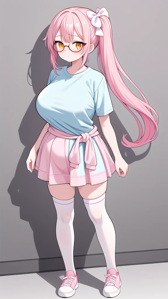 Full body girl with pink colored long hair, a side ponytail, pregnant, orange eyes and big breasts, She's wearing a light blue t-shirt, a light pink skirt, glasses, a hair bow, white colored thighhighs and white shoes, She has a sweater tied around her waist (Detailed clothes)