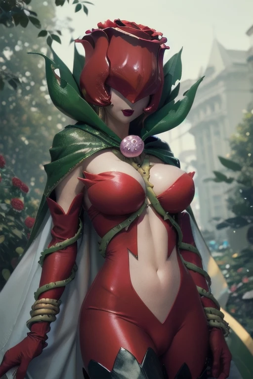 ANIME_rosemon_yugiho_ownwaifu, www.ownwaifu.com, digimon \(creature\), breasts, long hair, large breasts, lipstick, navel, makeup, covered eyes, monster girl, helmet, plant girl, colored skin, thighhighs, cleavage, petals, elbow gloves, navel cutout, red flower, red gloves, bodysuit, mask, thorns, cape, gloves, vines, rose, flower, plant, 1girl, solo, upper body, ((peeing on plant))