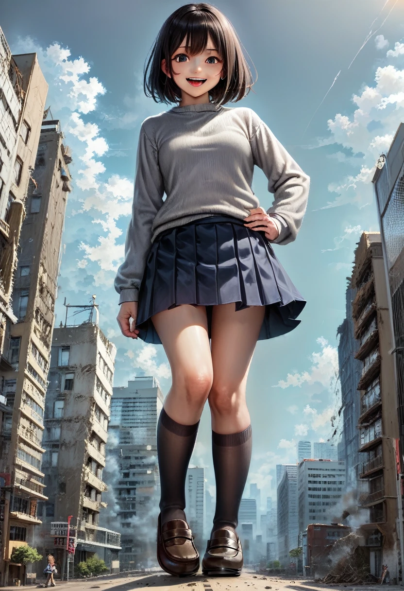 score_9:
A colossal girl, towering above the city, is proudly standing in the heart of it all. Clad in a vibrant, impeccably detailed , she stands out like a beacon amongst the surrounding buildings and roads. The backdrop unfolds into an intricate cityscape, with towering skyscrapers, bustling traffic, and an array of buildings, all captured in ultra-high-resolution with a masterful level of detail.She destroys buildings with her punches. very angry.
score_8_up:
A gigantic girl figure, overshadowing the city, stands resolute amidst the urban landscape. school-uniform,angry,Attacking people around you,