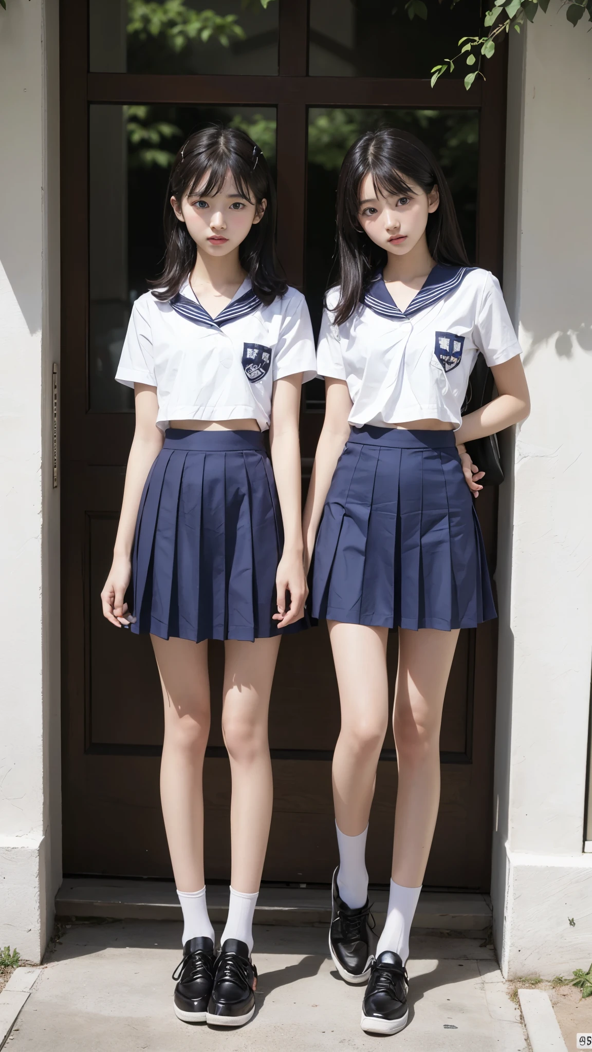 High detail, Textured skin, Very detailed, Ultra high definition, High-resolution model, Detailed face、bare navel、Twins, two girls, two high school girls、(((flat chest))), (flat chest:1.1)、 14years、a junior high school student、School Uniforms、Cute, young, (Full body:1.3)、Ultra-detail、​masterpiece、top-quality、超A high resolution、8K high image quality、Photogenic clarity、A detailed eye、Real live-action、Spring outdoor、Model Standing、Beautiful posture、High detail, Textured skin, Very detailed, Ultra high definition, High-resolution model, 