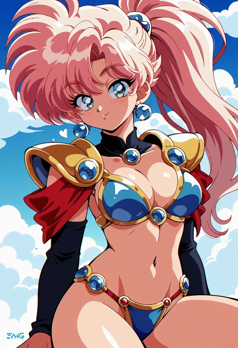 "(Yag:1.1), score_9, score_8_superior, score_8, japan anime, retro anime style, anime screencap, anime coloring, One girl, Twin tails, Exquisitely detailed body, Sexy Face, Bikini Armor, Shoulder pads, heart jewelry, sleeve, Sexy pose, View your viewers