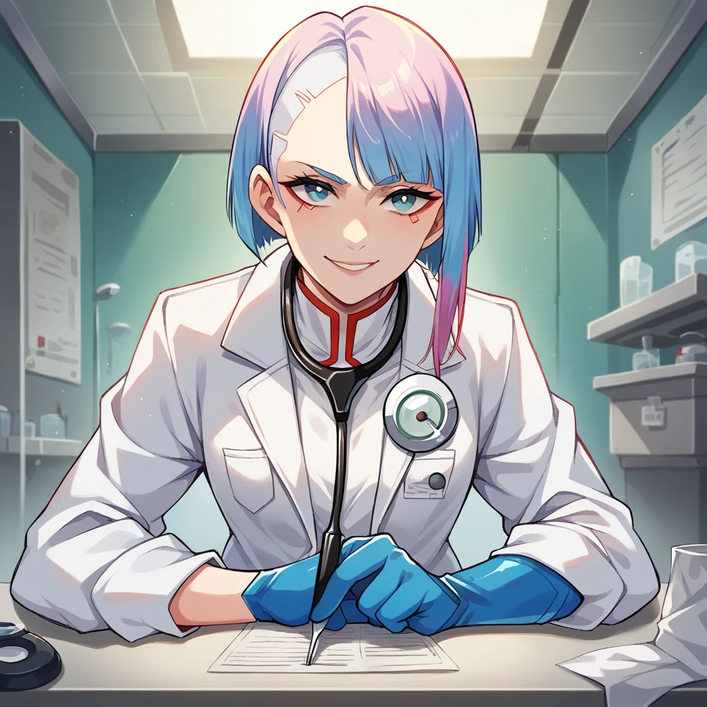 Lucy de Cyberpunk, looking at the viewer, with a lab coat on, white shirt and pants, turtle neck, inside a hospital, small breasts, medical advice centre, smiling, White high collar shirt, stethoscope around the neck, blue latex gloves, with a patient on the examination table, serious countenance, operating, with scalpel in hands, nurses around, inside an operating room, operating, surgical doctor