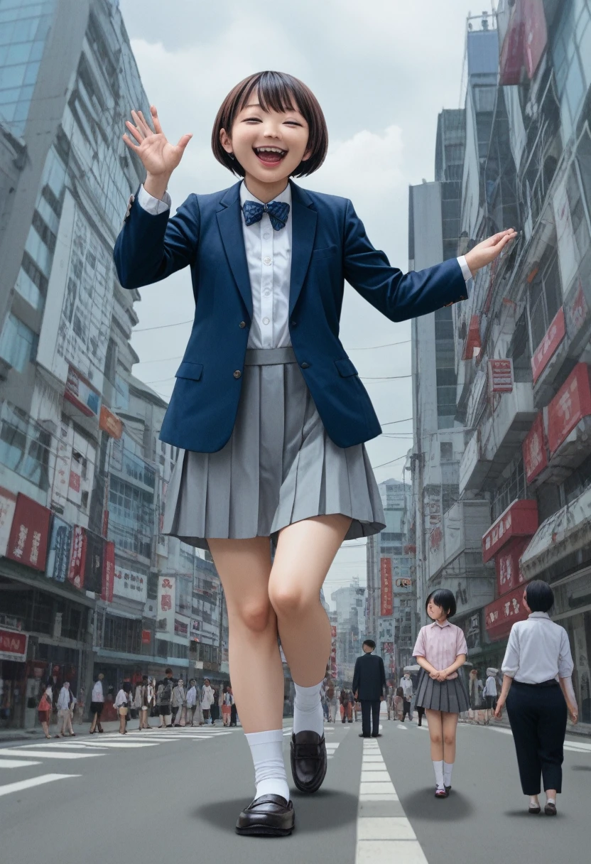 巨大なchild、Super giant girl、、girl、giantess、Realistic、Japanese women、Navy blue blazer、Grey Skirt、Red ribbon、Black Loafers、A woman bigger than the building、smile、Laughing with your mouth open、Villainess、Miniature city、Destroyed city view、Small breasts、short hair、Dark Sky、Dark Imagery、Miniature cityにしゃがみ込む女性、Detailed Description、High resolution、Black Cloud、lightning、thunder、Hurricane