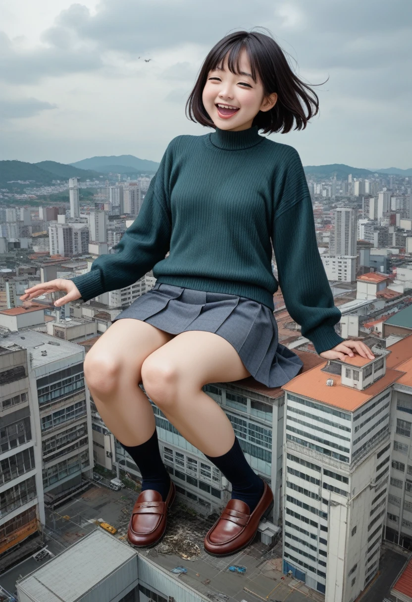 巨大なchild、Super giant girl、child、girl、giantess、Realistic、Japanese women、Navy blue grey sweater、Navy Skirt、Green ribbon、Brown loafers、A woman bigger than the building、smile、Laughing with your mouth open、Villainess、Miniature city、Destroyed city view、Small breasts、short hair、Dark Sky、Dark Imagery、Miniature cityにしゃがみ込む巨人娘、Detailed Description、High resolution、Black Cloud、lightning、thunder、Hurricane