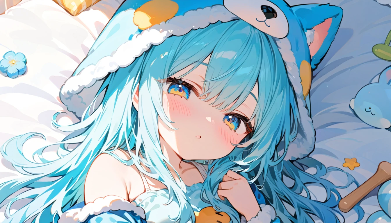 solo,, masterpiece, best quality, extremely detailed, (illustration, official art:1.1), 1 girl ,(((( light blue long hair)))), ,(((( light blue long hair)))),light blue hair, , long hair ((blush)) , cute face, big eyes,One girl, fluffy、Loose、A heartwarming world、masterpiece, Highest quality,Super detailed, One girl, From above,Little,,Sleep,,Animal costumes,Sleeping on the bed、pastel colour、cute、