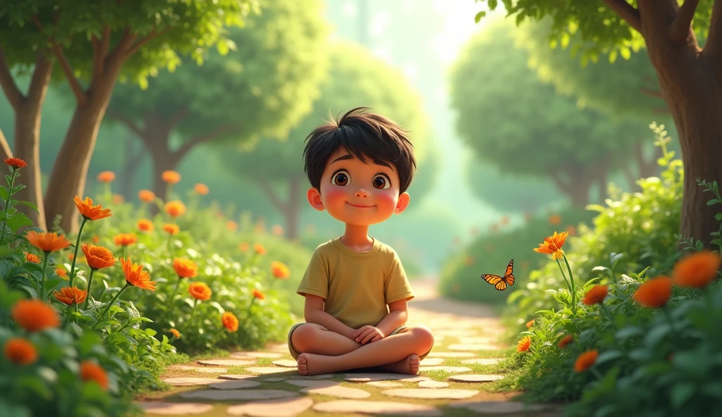 Garden heaven 
 boy sit bench under the blooming flowers and fairy

