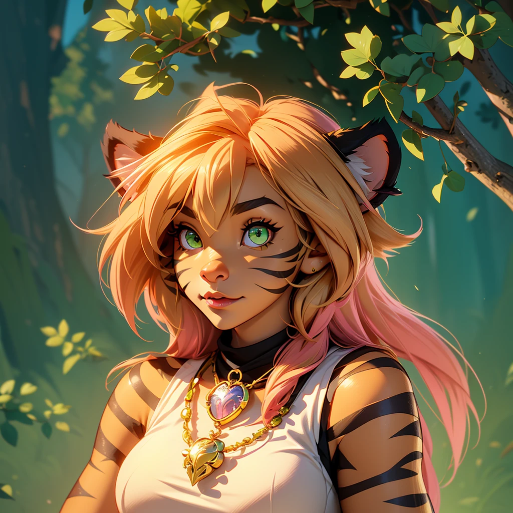 Iris from Twokinds, cute female anthro, hair covering eye, semi realistic detailed tiger fur, ((green eyes)), pink tiger nose, tiger snout, animal ears, necklace