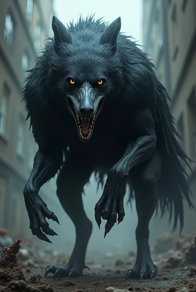 Masterpiece, (top quality), ultra high resolution, beautiful, visually stunning, elegant, amazing details, award-winning art, G0S1, mysterious, (werewolf), powerful, terrifying, urban, full body, full moon, night