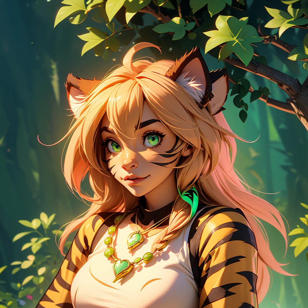 Iris from Twokinds, cute female anthro, hair covering eye, semi realistic detailed tiger fur, ((green eyes)), pink tiger nose, tiger snout, animal ears, necklace