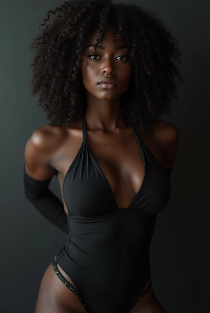 1 beautiful black woman. Extremely skinny, wearing a dark blue sweater, Nude, with freckles, symmetrical body, fully body, sensualizing with the mouth, top quality picture, perfect symmetry, vibrant and clear, high level of detail and definition, 1200 PPI – Photographic resolution with greater central realism, Hyper-realistic and cinematic high-fidelity 16K UHD image resolution.