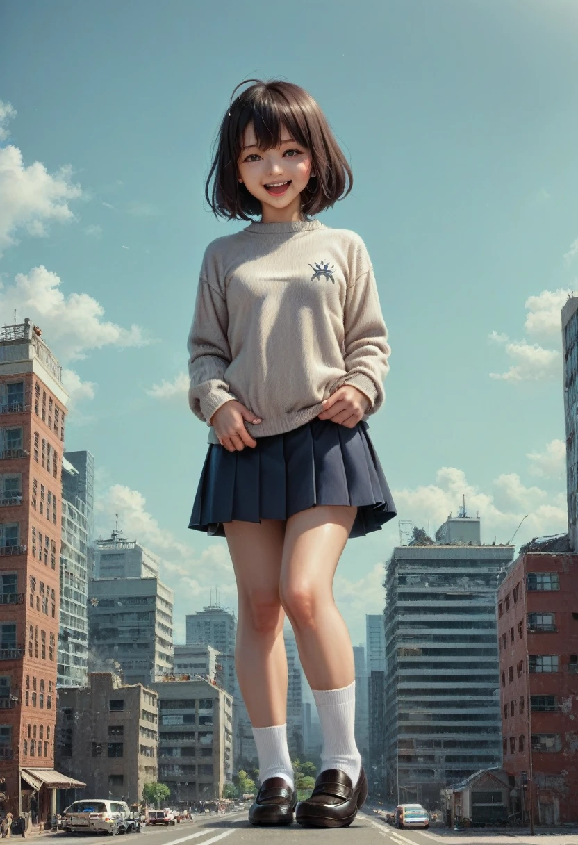 巨大なchild、Super giant girl、child、girl、giantess、Realistic、Japanese women、Navy blue grey sweater、Navy Skirt、Green ribbon、Brown loafers、A woman bigger than the building、smile、Laughing with your mouth open、Villainess、Miniature city、Destroyed city view、Small breasts、short hair、Dark Sky、Dark Imagery、Miniature cityにしゃがみ込む巨人娘、Detailed Description、High resolution、Black Cloud、lightning、thunder、Hurricane