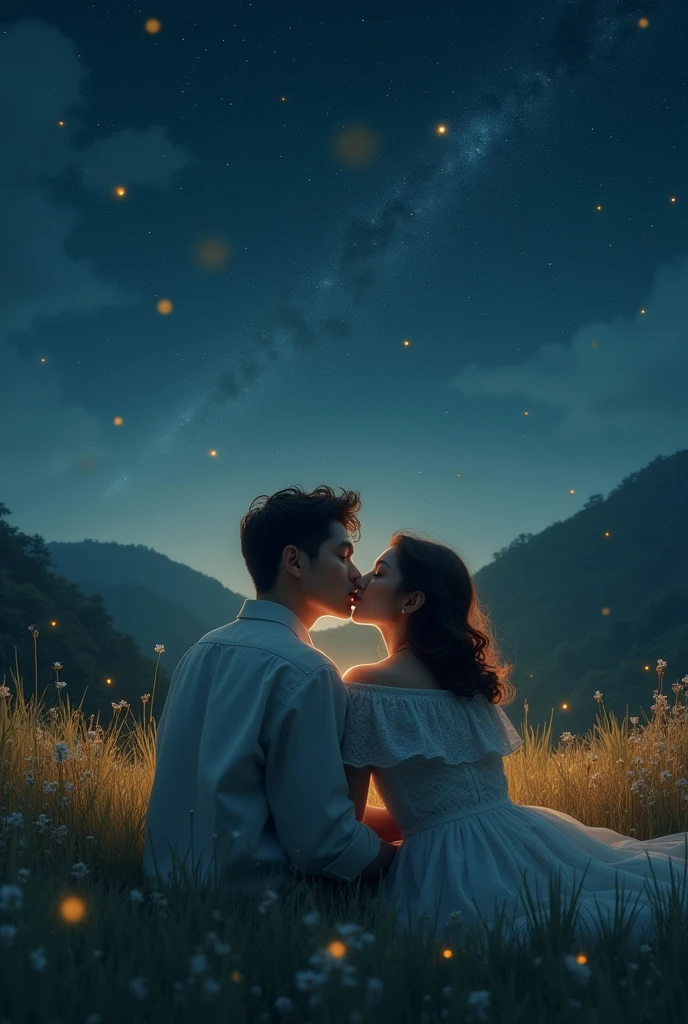 Couple of lovers in the grass and with the sky full of galaxies image in 4k and realistic