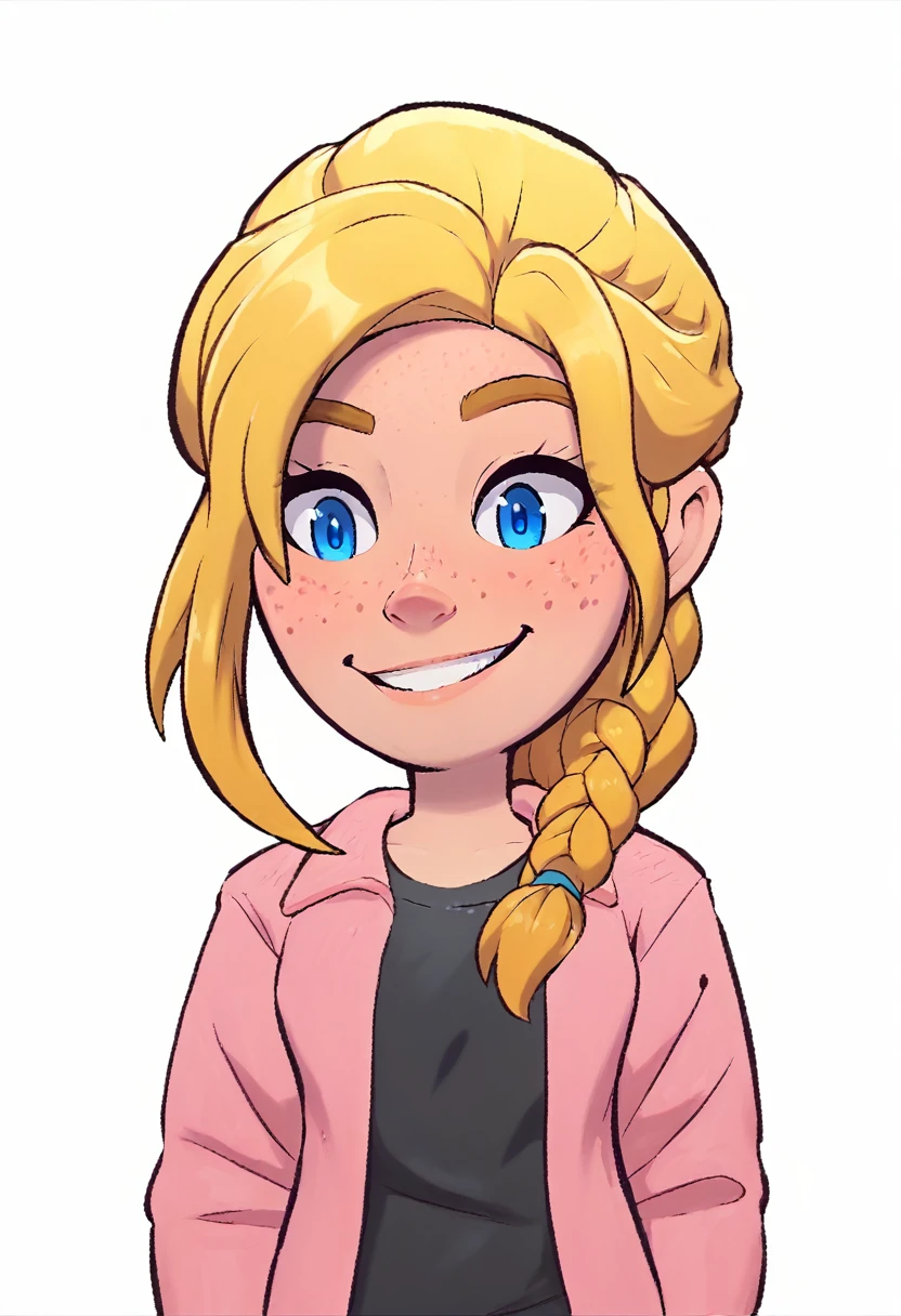 simple background, white background, upper body, freckles, blue eyes, blonde hair, braid, shirt, black shirt, jacket, pink jacket, long sleeves, large hip, smile