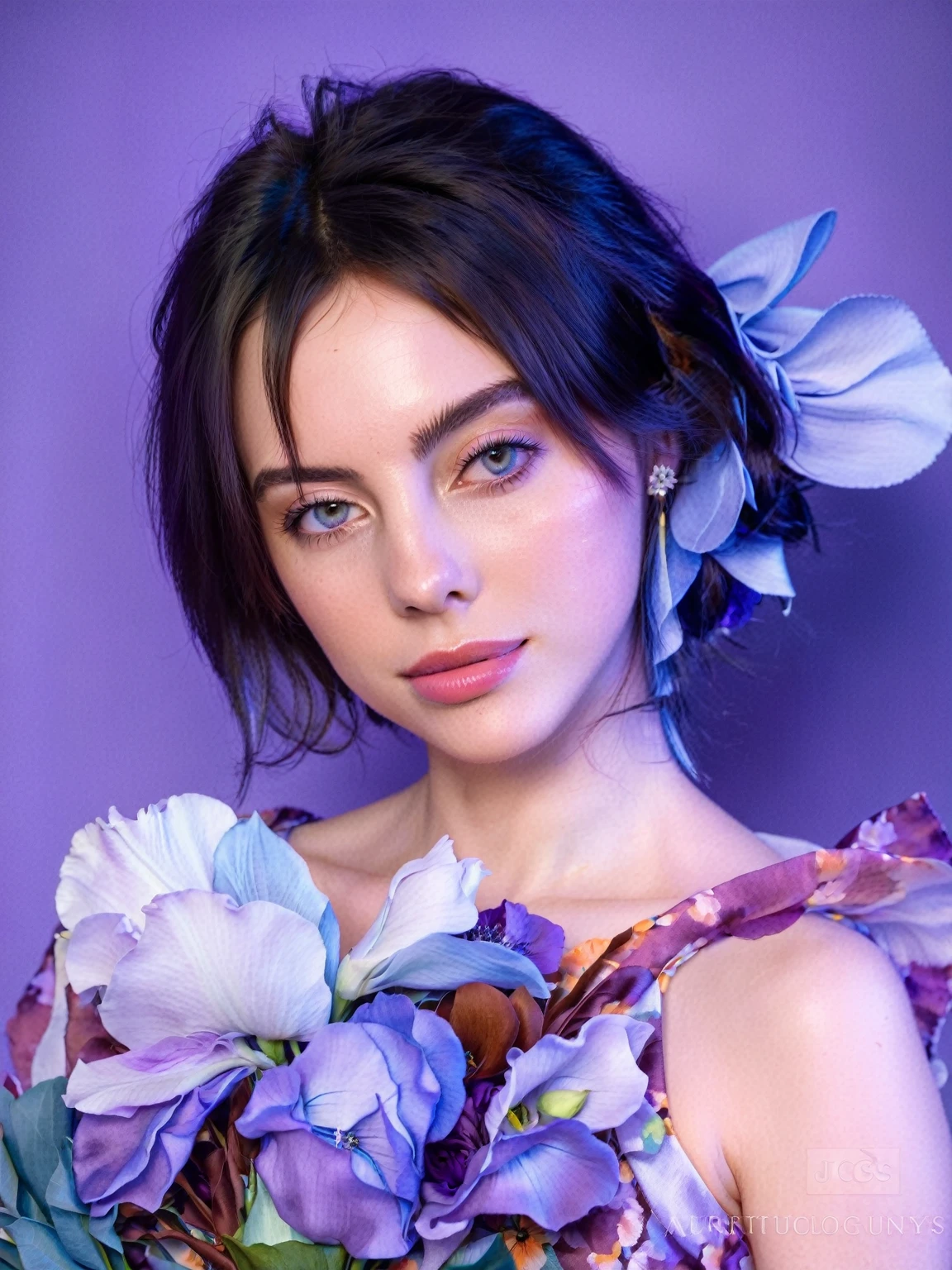 shoulder-length straight hair, colorful floral dress with large purple and blue flowers, holding a fabric bouquet, smooth skin, indoor environment with a purple backdrop, soft lighting from the left, artistic and calm atmosphere, close-up shot, well-balanced exposure, no motion blur.