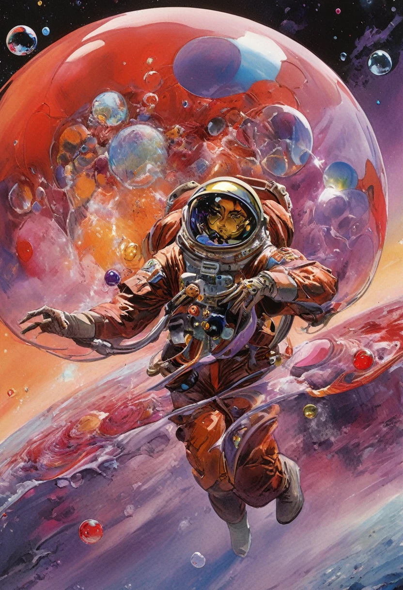 Concept art by Syd Mead, retrofuturistic,
d3qck artstyle
triadic color palleted,
1950s poster of attractive female astronaut,
((space_style:0.6), cosmic outer space theme:1.1), Bubble Mage, Joyful, Dynamic pose, Colorful Mage Robes, Surrounded by magical red bubbles, rainbow, Big Bubbles, Suspended particles, Forms, Transcrustant, Swirling Bubbles, Fascinating, Mysterious Aura, Background bubbles, Sparkling, Shadows with a mysterious atmosphere, Dramatic lighting , Gradient glowing particles
[(detailed:1.2): [ (many small detailed:1.3) : [ (many ultrasmall detailed: 1.2):(非常にdetailedな極小エッジとマイクロレリーフ:1.5):0.7 ]: 0.4 ] :0.2]
