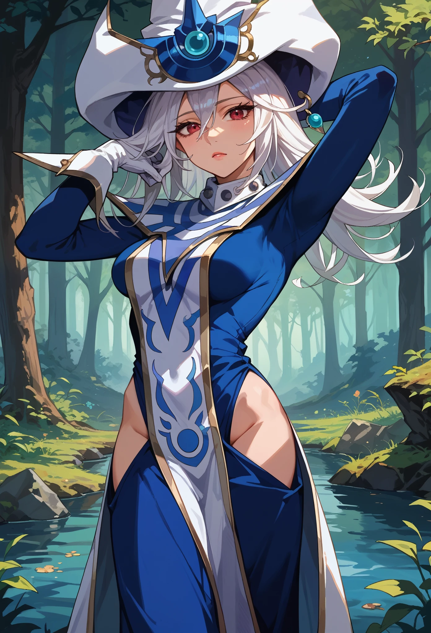 score_9, score_8_up, score_7_up, 1girl, solo, female mature, adult, silentmagician, white hair, red eyes, wizard hat, blue dress, hip vent, long sleeves, white gloves, tabard, pelvic curtain, one arm up, hand behind head, standing, magical background, mist, forest